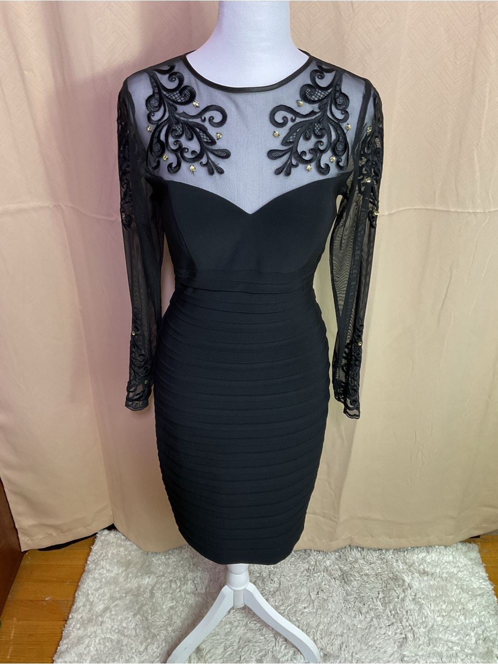 Xscape Black Long-Sleeve Sheer Yoke Bodycon Dress